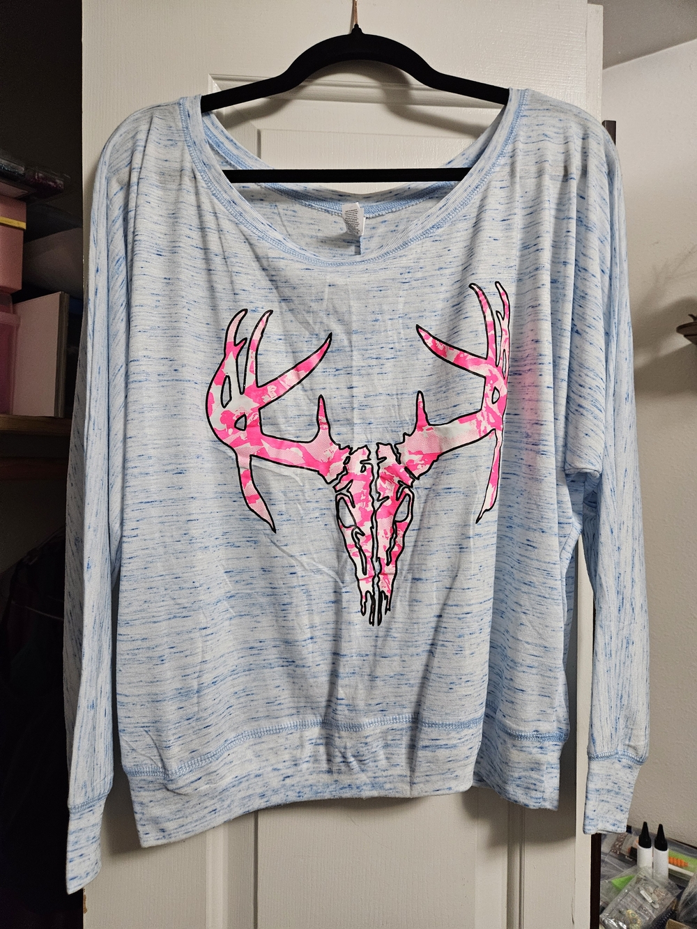 Bella Canvas Light Blue Crewneck shirt with Pink Antler Skull Graphic